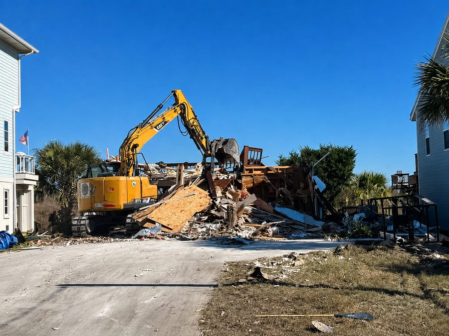 An excavator taking down a two-story coastal house, debris stacked on the lot