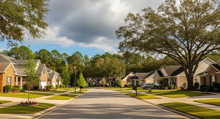 A quiet residential street of single story homes under live oaks in Nassau County